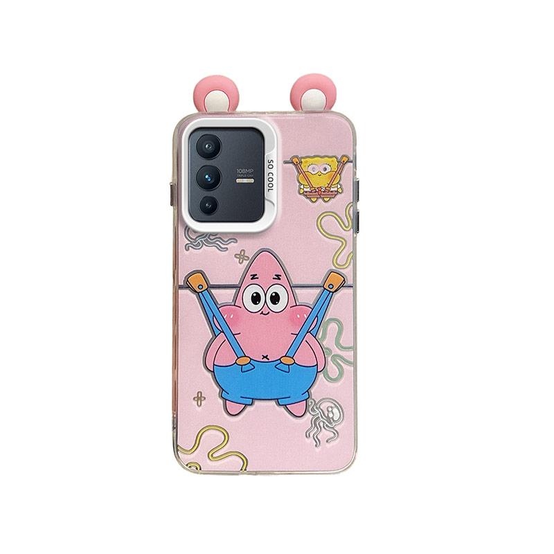 KEYSION Cute Ear Cartoon Case for VIVO V23 5G with Lanyard Soft Silicone+PC Shockproof Phone Back Cover for VIVO V23 5G