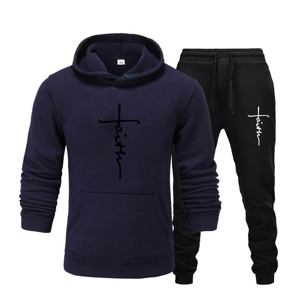 "Faith" Men's Casual Sports Hooded Sweatshirt +Drawstring Pants 2 Pieces Sets  Letter Print Sweatshirt Fleece Hoodie Set Men's