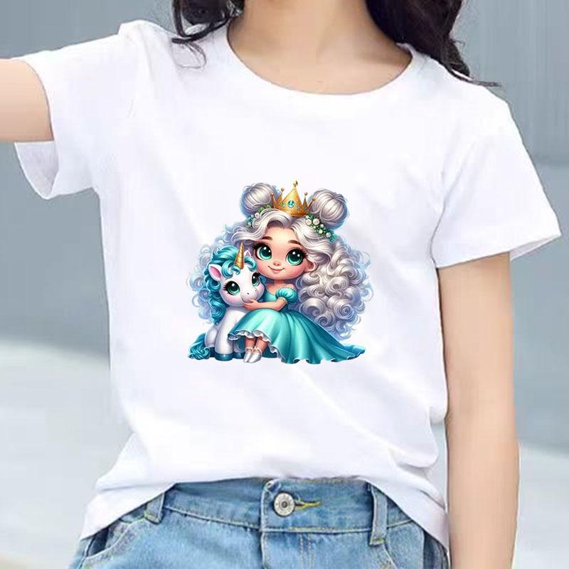 Kids Cotton T Shirt Princess Girl With Blue Unicorn Print Crew Neck Short Sleeve Tee Casual Boys Girls Summer Tops