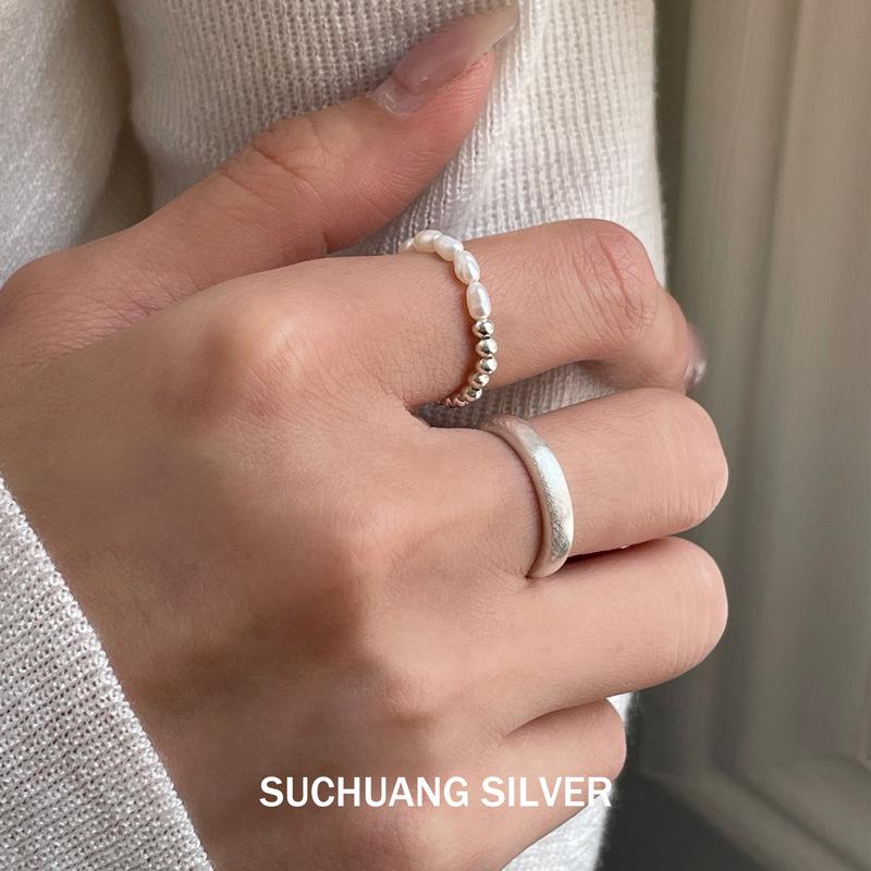 S925 Sterling Silver Freshwater Pearl Open Ring - Women's Stackable Frosted Band