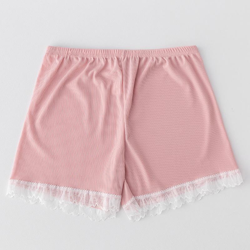 Spring-Summer Women's Ice Silk Lace Trim Leggings with Vertical Stripes and Anti-Exposure Three-Point Safety Design