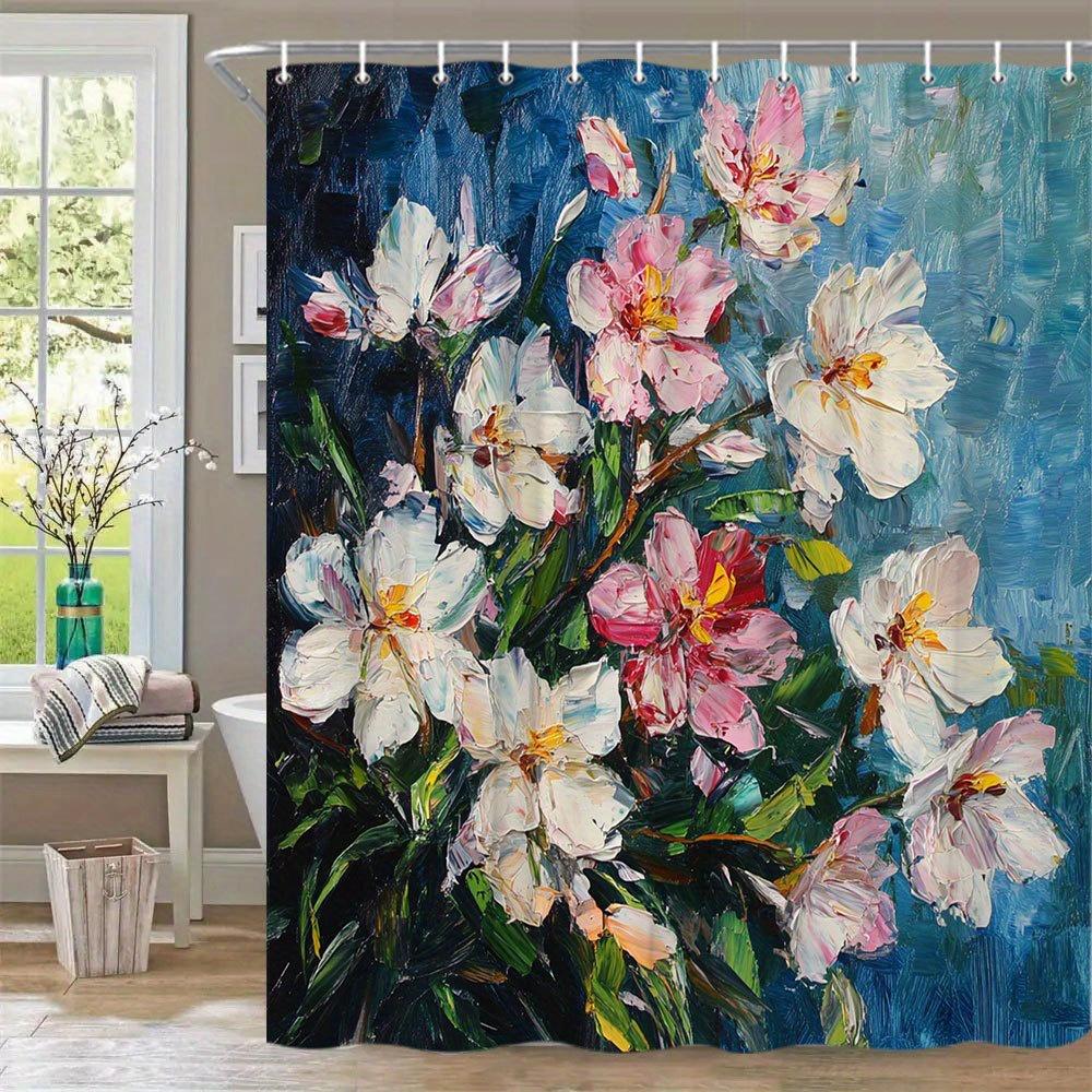 

1Pc Pink & White Floral Bouquet Shower Curtain - Impressionistic Oil Painting Design With Vibrant Yellow Centers & Textured Blue W60H190(CM)-1 Pcs