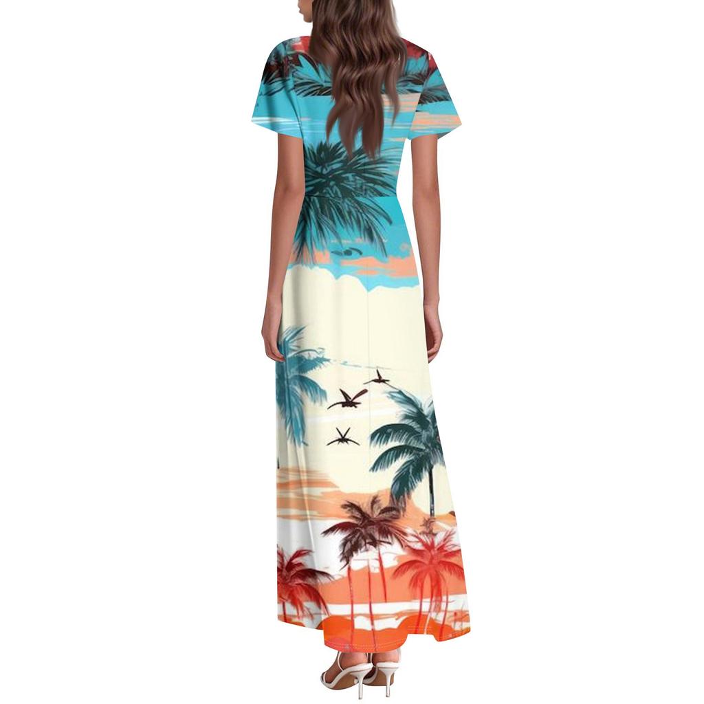Women's Hawaiian Print Casual Round Neck Short Sleeve High Waist Dress