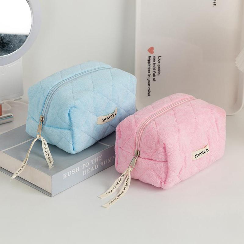 Cute Plush Diamond Lattice Cosmetic Bag Girl Pencil Case High Capacity Portable Storage Bag Toiletry Bag Student Stationery Gift