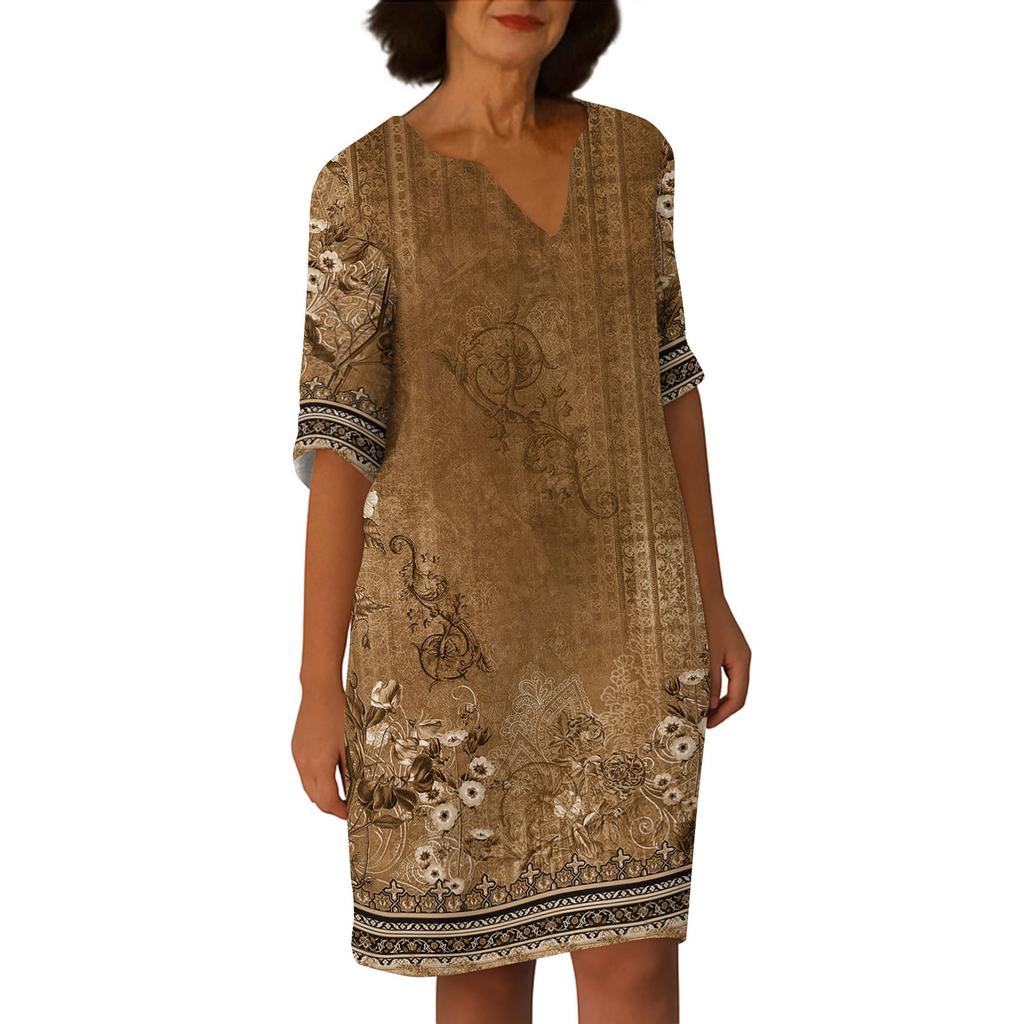 Dresses For Womens Vintage Print Tunic Waisted Midi Dress Summer Casual  Half Sleeve Dress