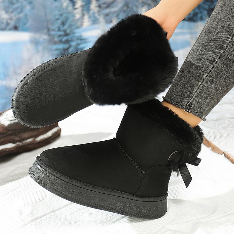 Fashion Winter Cozy Faux Wool Snow Boots for Women Thick Sole Fur Cotton Padded Shoes Woman Bowknot Decor Plush Platform Ankle Booties