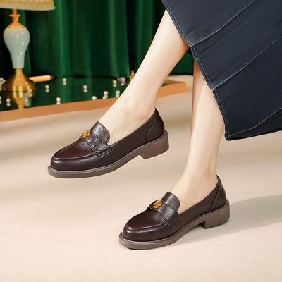 Black Camellia Loafers Women's 2025 Spring and Autumn New One-pedal Single Shoes Women's College Style Small Leather Shoes