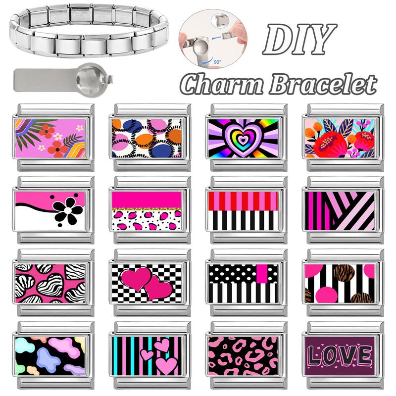 Wholesale Fashion Personalized DIY Pink Color Italian Charm Bracelet Heart Flowers Bead 9mm Bracelet Stainless Steel Jewelry