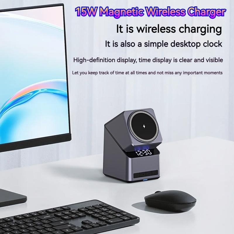 4in1 Electric Rotating Magnetic 15W Wireless Charger Time Display Touch Rotation for iPhone Watch AirPods Ideal Charging Stand