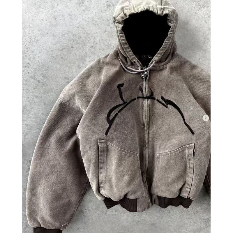 

American Y2g Street 2025 Spring Clothes Vintage Zipper Hooded Cardigan Letters New Arrival Print Tops Coat Sweatshirt Light brown S