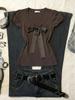 Korean-Style Brown Bow V-Neck Vintage Slimming T-Shirt, Retro Y2K Hot Girl Short-Sleeved Design