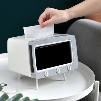 Tissue Box Holder Retro TV Shaped Tissue Case with Cell Phone Holder Multi-Functional Toilet Paper Napkin Dispenser for Room Bedroom Bathroom Dining