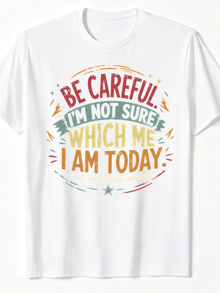 Men's Plus Size Funny Quote T-Shirt Retro Be Careful I'M Not Sure Which Me I Am Today Graphic Print, Casual Street Style Tee for Everyday Wear
