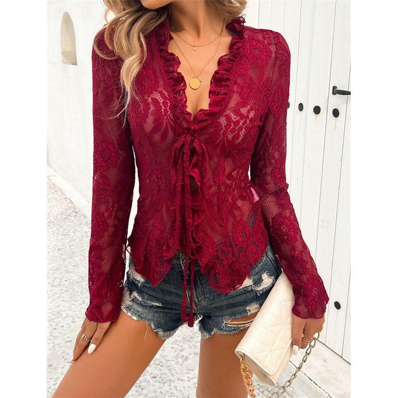 

Fashion Fashion Sexy Slim Long Sleeve Lace Shirt Top Female Sexy Lace Top Blouse Women Wine red L
