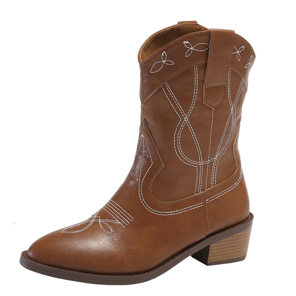 European and American Large Size Western Boots Cowboy Boots Women's Pointed Head Thick Heel Embroidered Short Boots Sleeve Fashion Boots Spring and