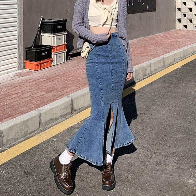 

Юбка-рыбий хвост из денима с высокой талией и оборками для женщин — средней длины, эластичная, идеально подходит для осени/зимы 2022 года XL синий