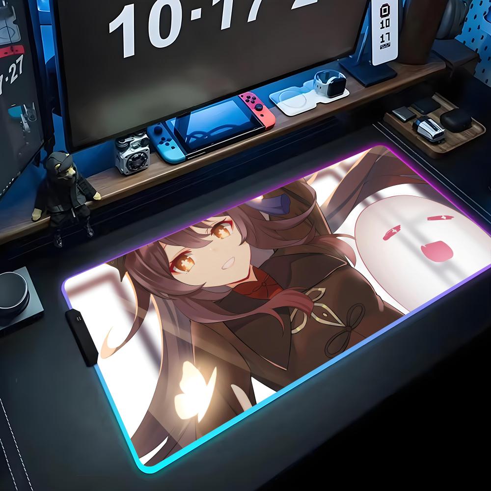 hu tao Mouse Pad RGB Gaming Mousepad Big LED Pad PC Desk Mat Luminous Mouse Pad Large Keyboard Mats Table Rug With Backlit