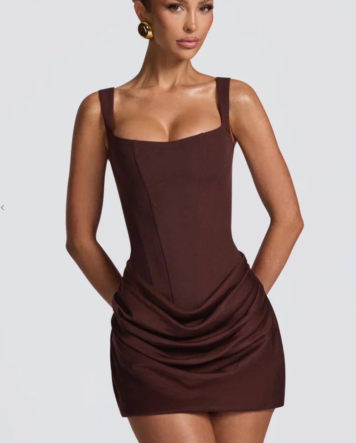 2026 Women's French Style Bodycon Square Neck Sleeveless Dress with Lace-up Waist