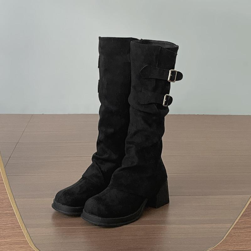 Fashion Vintage Women Western Cowboy Boots Removable Belt Buckle Autumn Winter Shoes Thick Heel Ladies Elegant Long Booties
