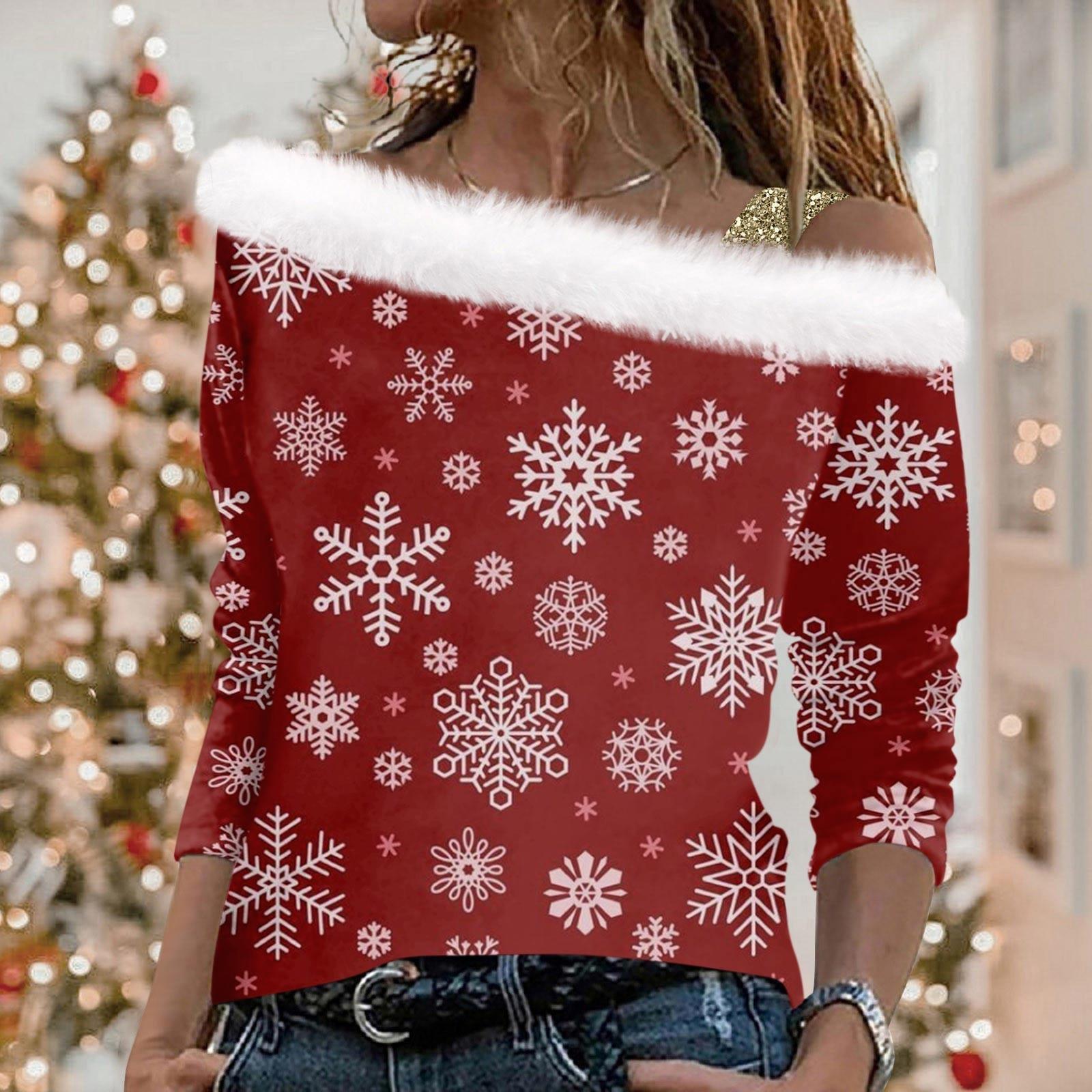 

Женский рождественский принт с длинными рукавами из твила и воротником-пуловером XL киноварь