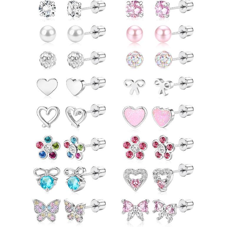 14 Pair Hypoallergenic Stud Earrings for Women Surgical Stainless Steel Screw Back Earrings for Sensitive Ears Cute Pearl Bow Heart Butterfly Studs