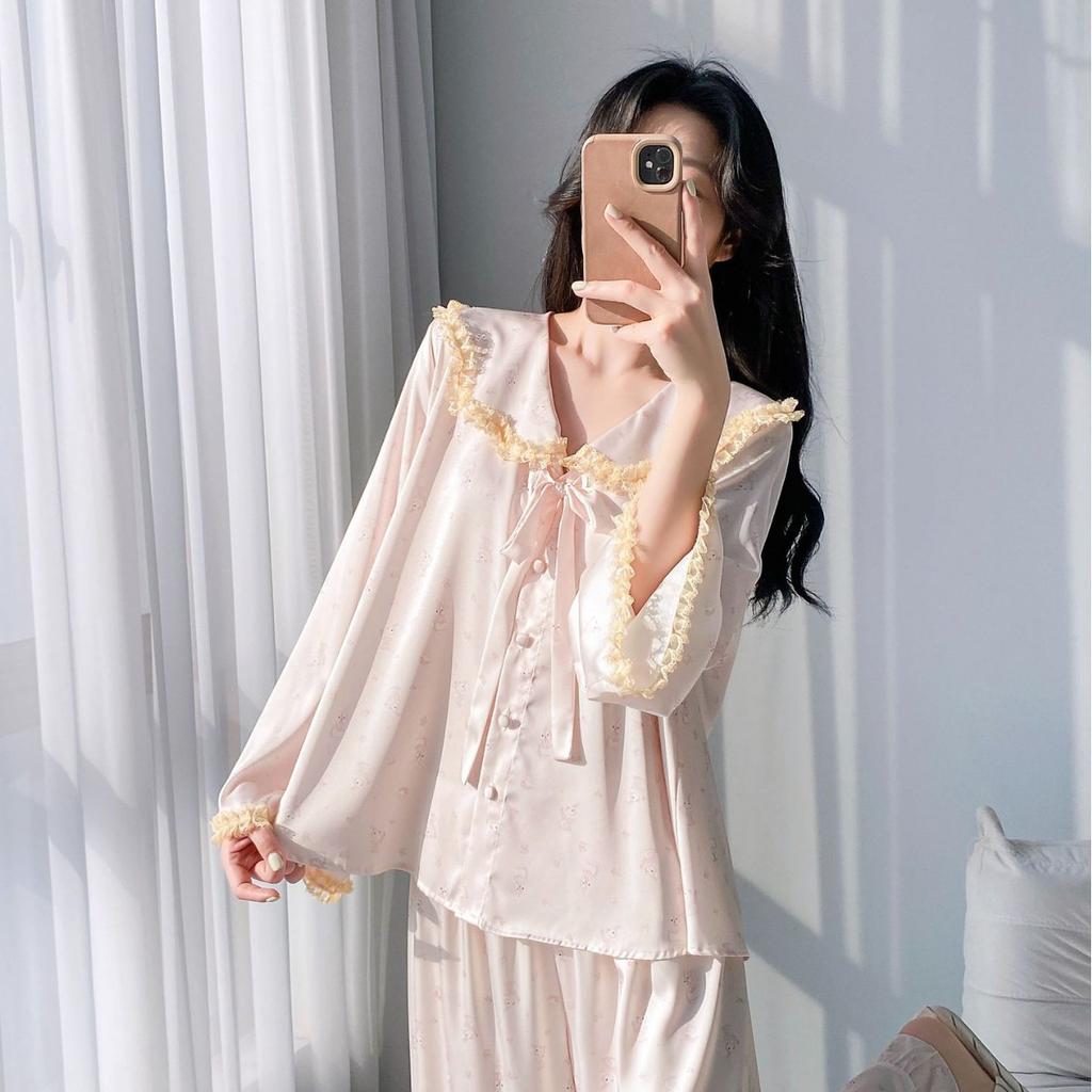 Ice silk pajamas women's summer long-sleeved trousers loungewear set lace lace V-neck loose and comfortable can be worn outside