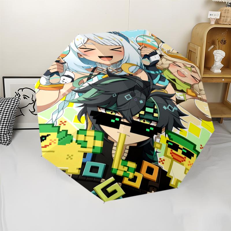Genshin Impact characters1 Print Automatic Umbrella, 8 Rib Iron Frame, Plastic Handle, Suitable for Outdoor Travel &Daily , Ideal Gift