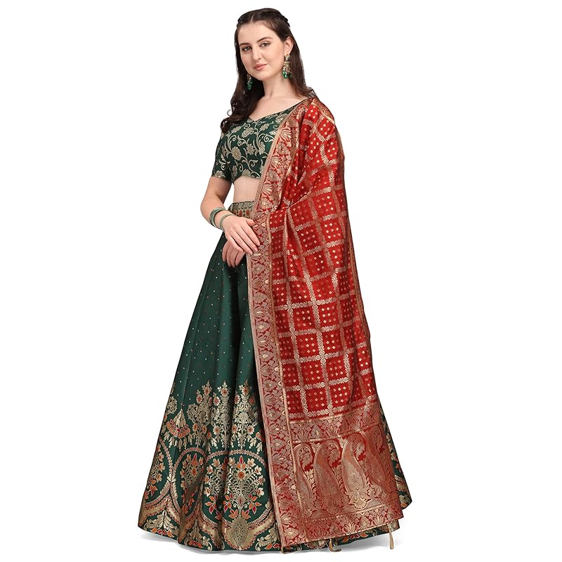 PURVAJA Damen Jacquard Halbgenähter Lehenga Choli (Arambh-D-Green_Green_Einheitsgröße)