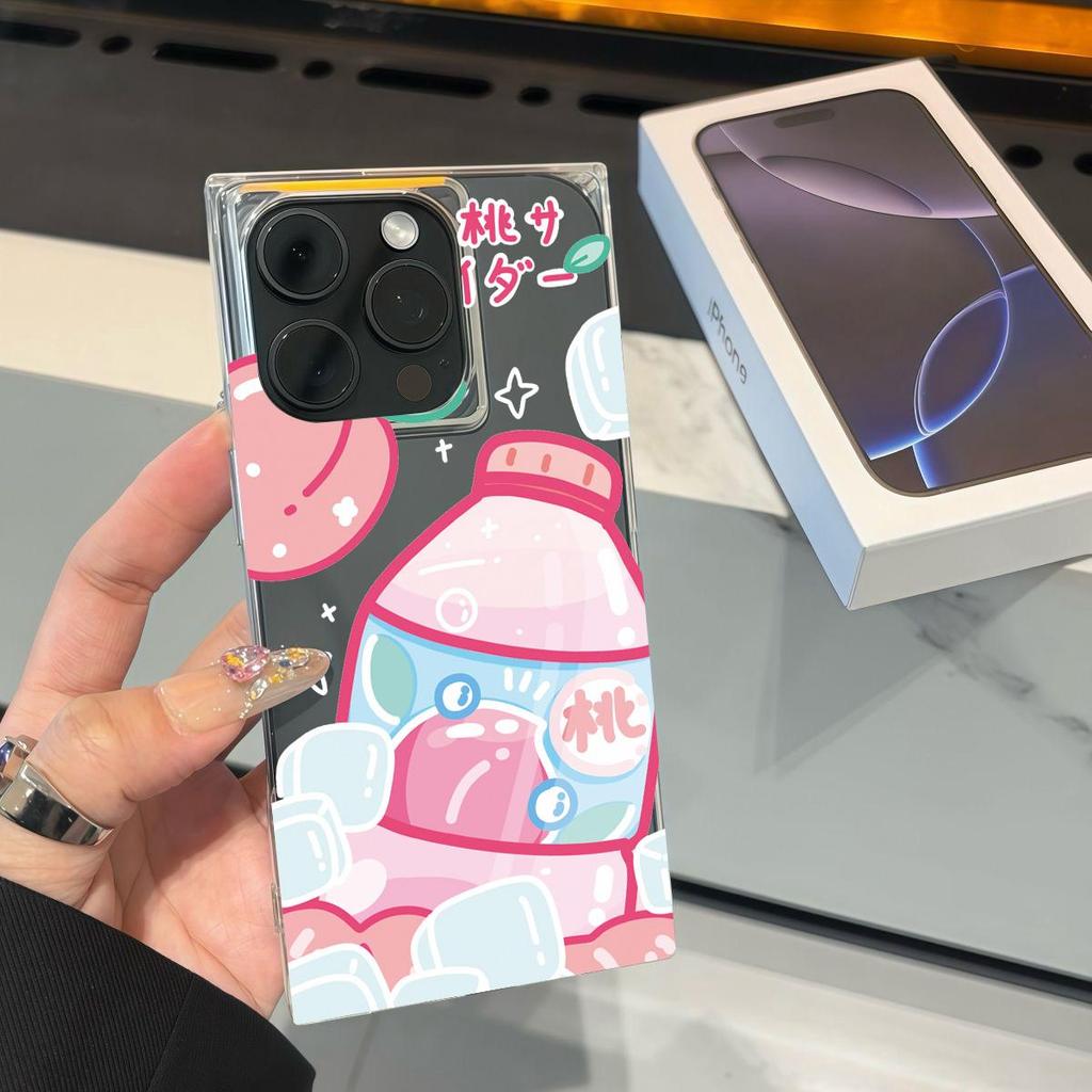 Square Back Tube Protection Clear Case For iPhone 14 Pro Max 16 ProMax 15 Plus 11 12 13 Anti-Oxygen,Peach Beverage Pattern Casing