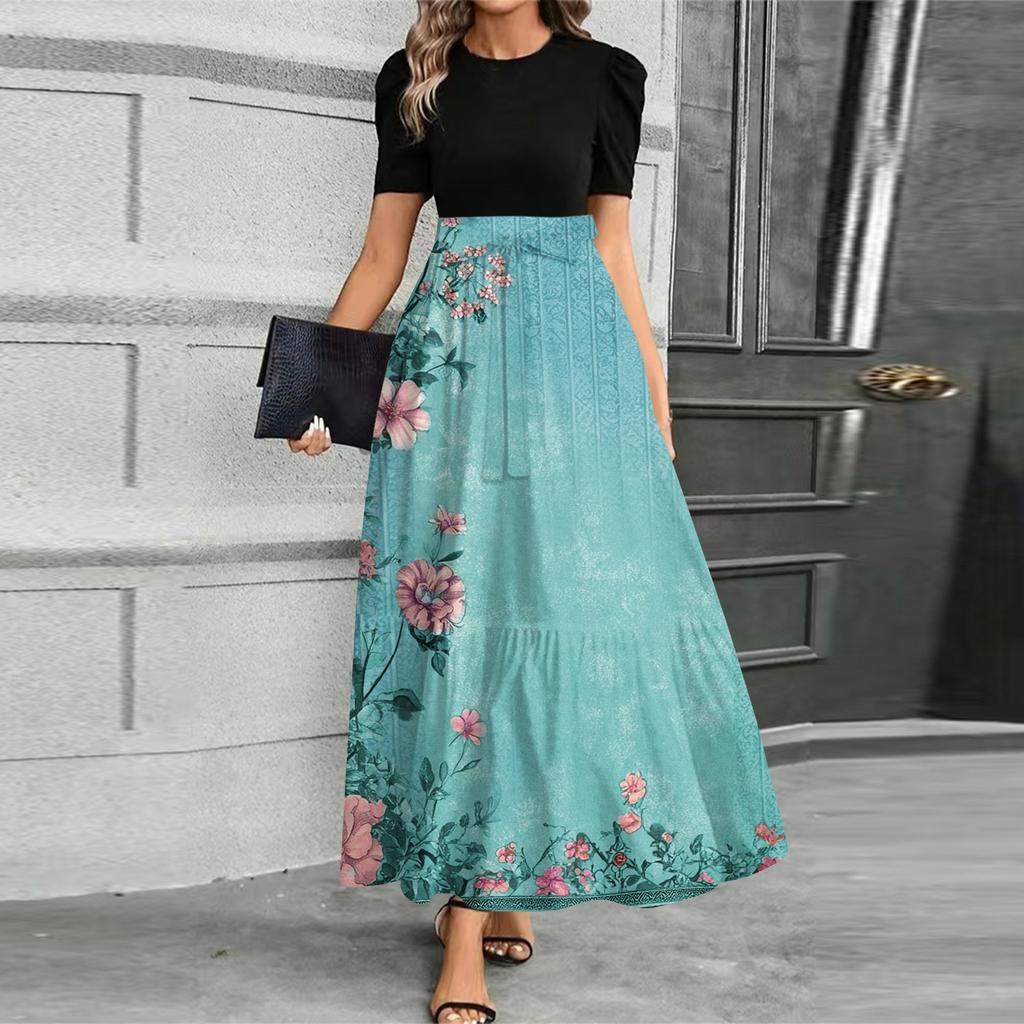 Women's Fashionable Casual Belt Short Sleeved Round Neck Print Elegant Temperament Dress