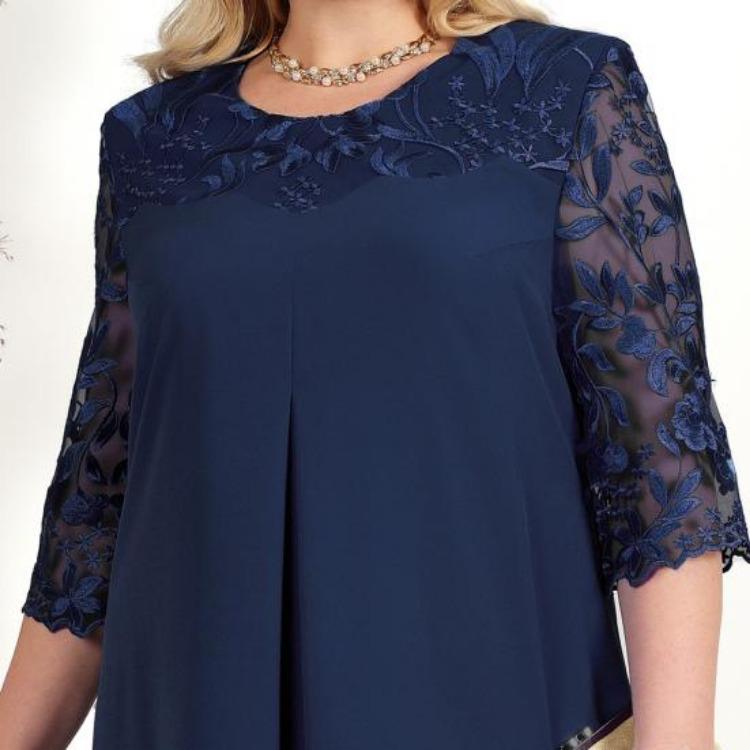 Elegante Abito da Festa da Ballo Taglie Forti Donna Lento Midi Rete Trasparente Patchwork Applicazione Foglia Mezza Manica Girocollo Abito Primavera Autunno