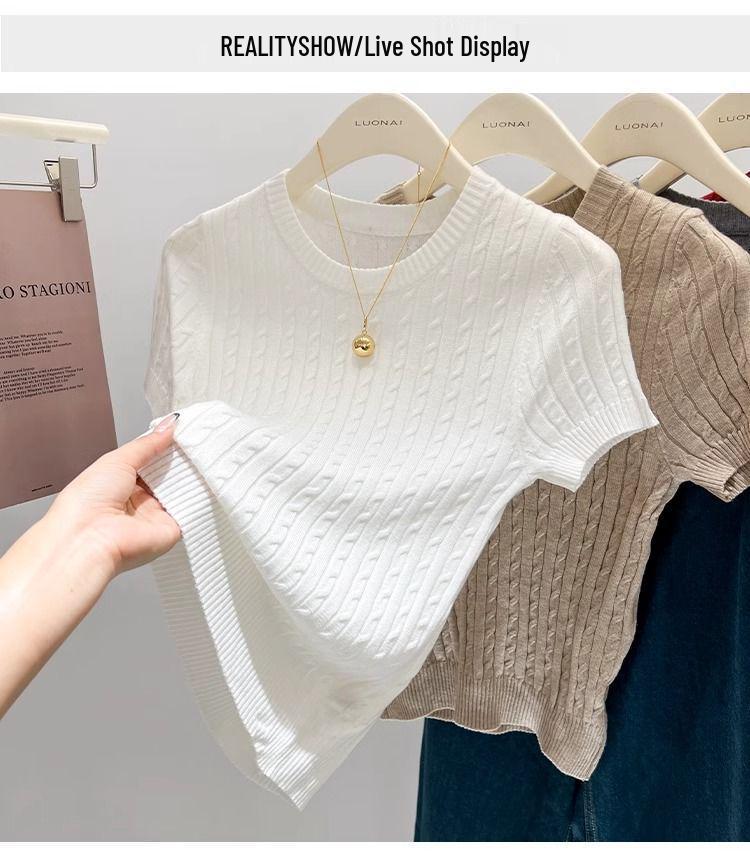 Dámské Vynikající Modré Copánkové Pletené Tričko Slim Fit - Letní Top s Krátkým Rukávem