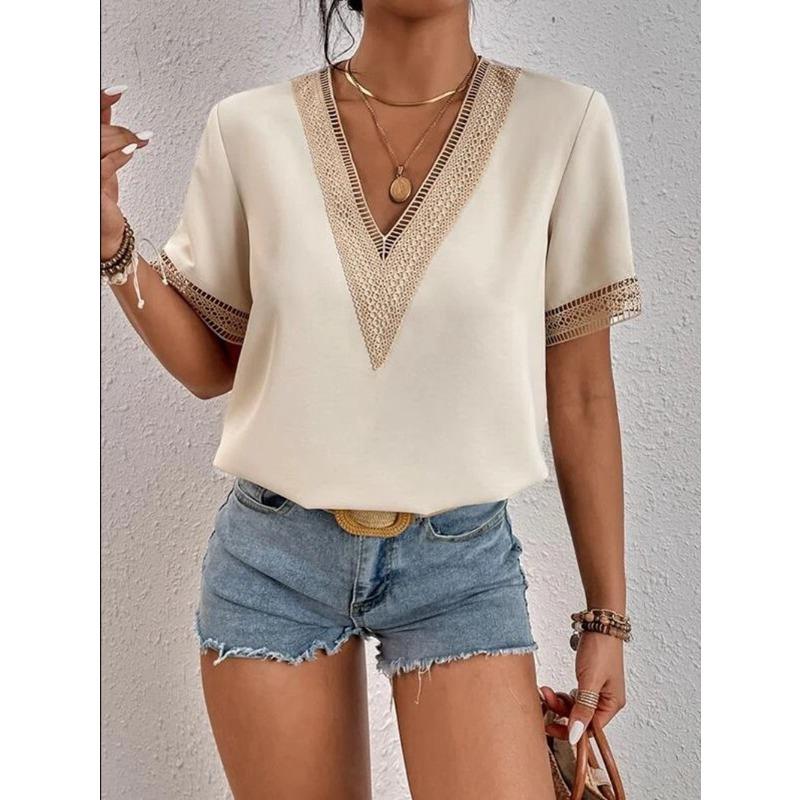 Summer new, women's V-neck lace casual solid color shirt