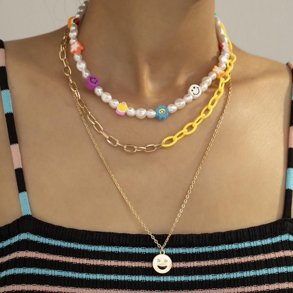 

Trendy Floral Star Smile Face Necklace For Women With Geometric Design And Pearls XH1063