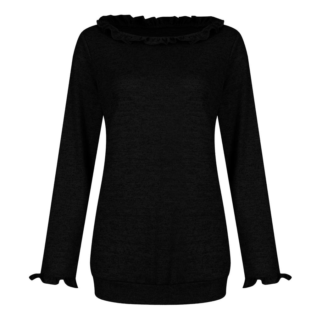Women's Casual Color Ruffled Round Neck Loose Long-sleeved Woolen Top