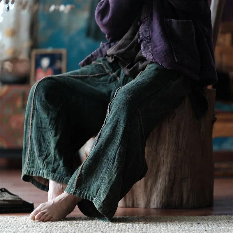 Johnature Pantalones holgados de retazos con cintura elástica de otoño vintage para mujer