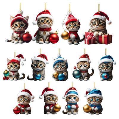 Cartoon Cute Cat Christmas Tree Pendants 2D Acrylic Hanging Ornaments Home Party Christmas Decoration 2025 New Year Gift