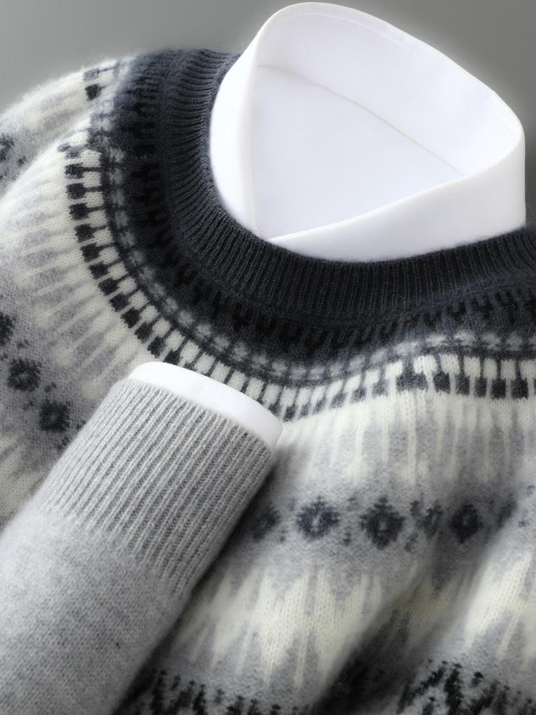 Men's Fair Isle Knit Cashmere Sweater - Round Neck, Retro Jacquard, Soft & Skin-Friendly, Thickened Design, Trendy Style