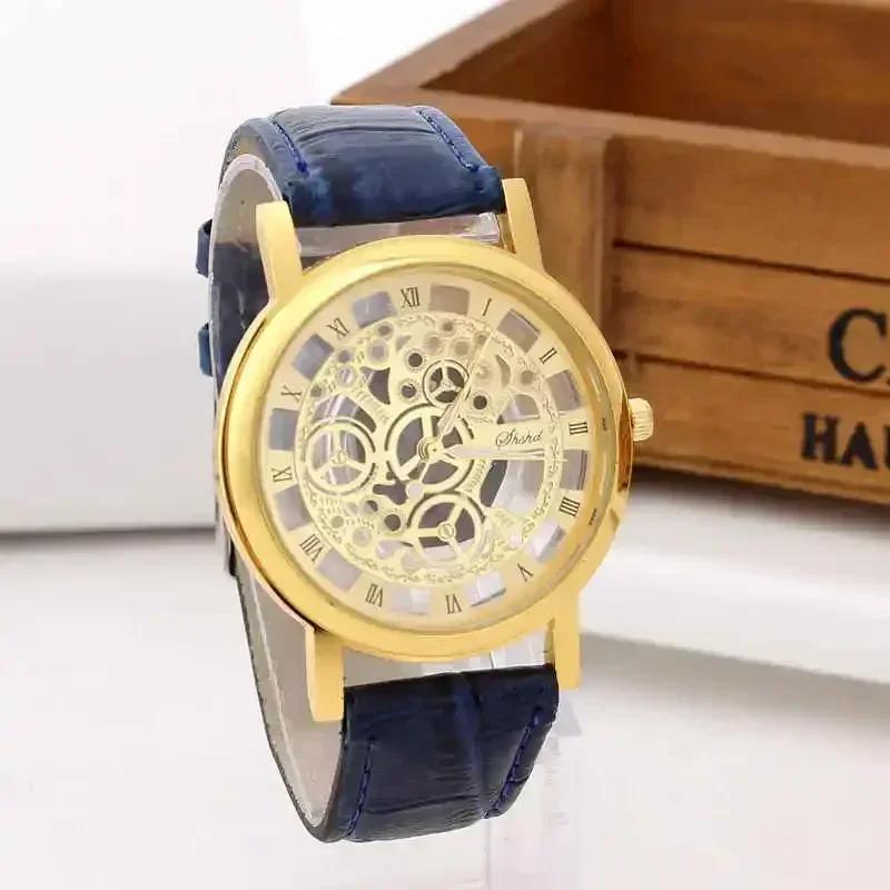 Fashion Hollow Skeleton Men Watches Quartz Leather Bracelet Strap Wristwatch Fashion Business Watches Men's Gifts