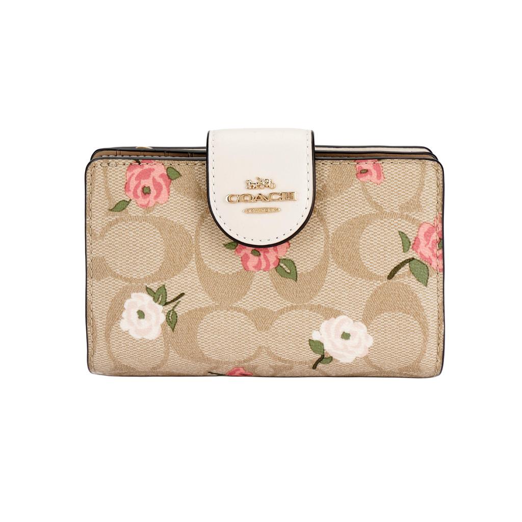 Coach Corner Zip 13 Floral Print Logo Coated Canvas And Leather Wallet Women Wallet Gold Light-Khaki Multicolor CR968-IMOTV