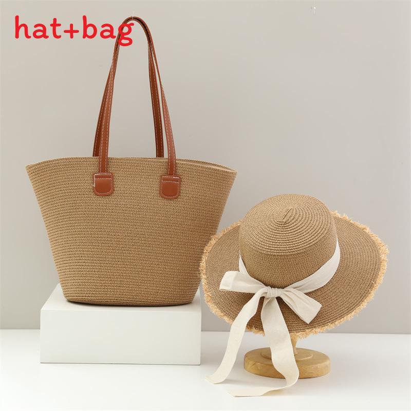 Woven Sun Hat And Large Capacity Straw Tote With Striped Pattern For Travel And Casual Wear