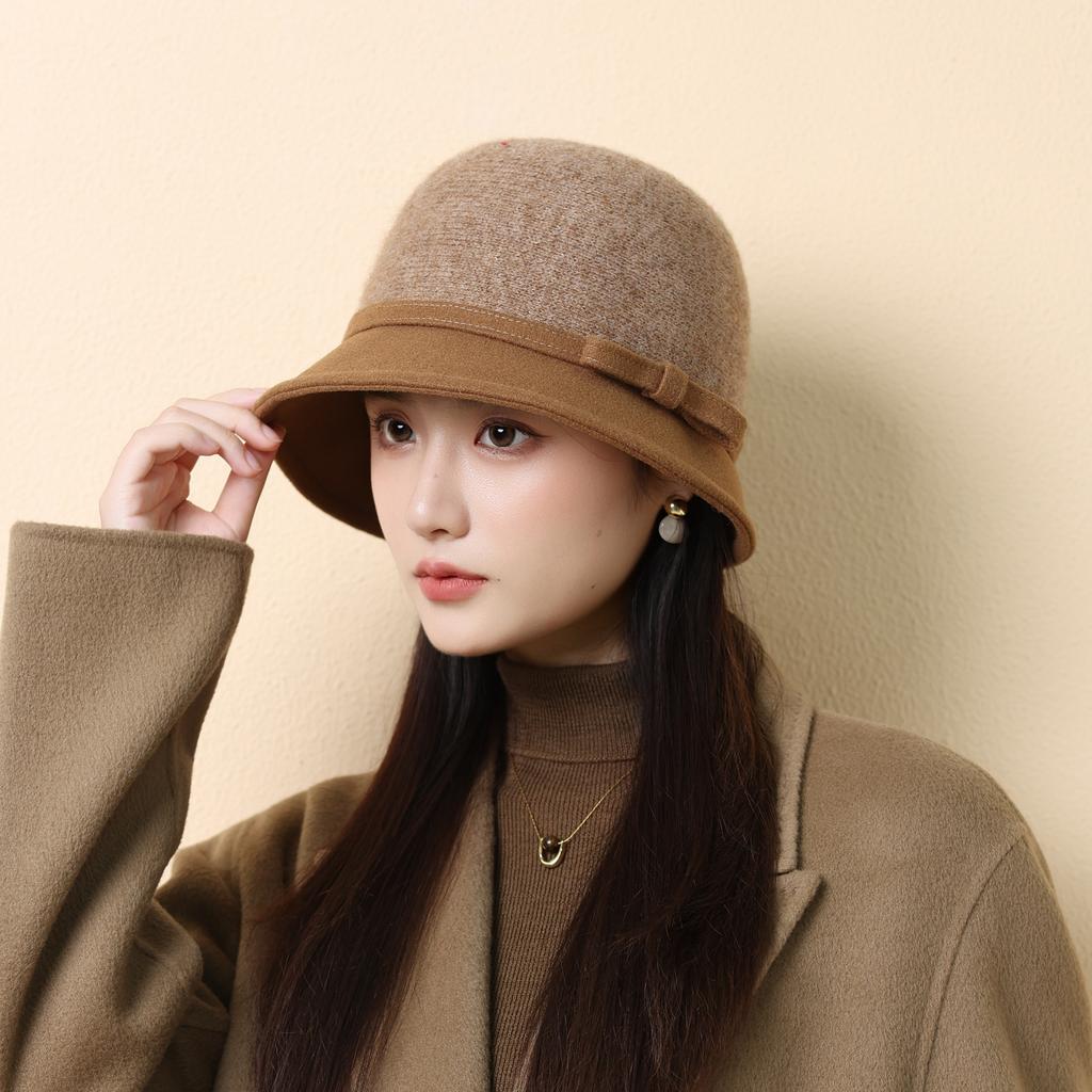 Herbst und Winter Eleganter Woll-Bucket-Hut Damen Retro Schleife High-End Thermischer Beckenhut