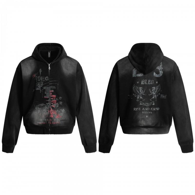 Mens Oversized Hooded Zip-Up Sweatshirt With Abstract Print Vintage Americana Streetwear Washed Cotton Blend Loose Fit