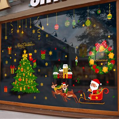 Santa Claus Sob Elektrostatická Sklenená Výloha Aranžmán Scény Dekorácia Nákupného Centra Atmosférické Nálepky