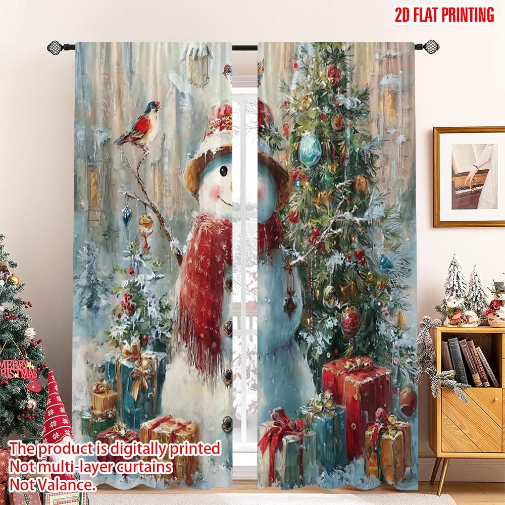 

2pcs 2D flat printing Merry Christmas Curtains Cute red birds and snowmen Durable polyester fiber Spring Perfect for Holiday 100*130 Grommet Top 1pcs