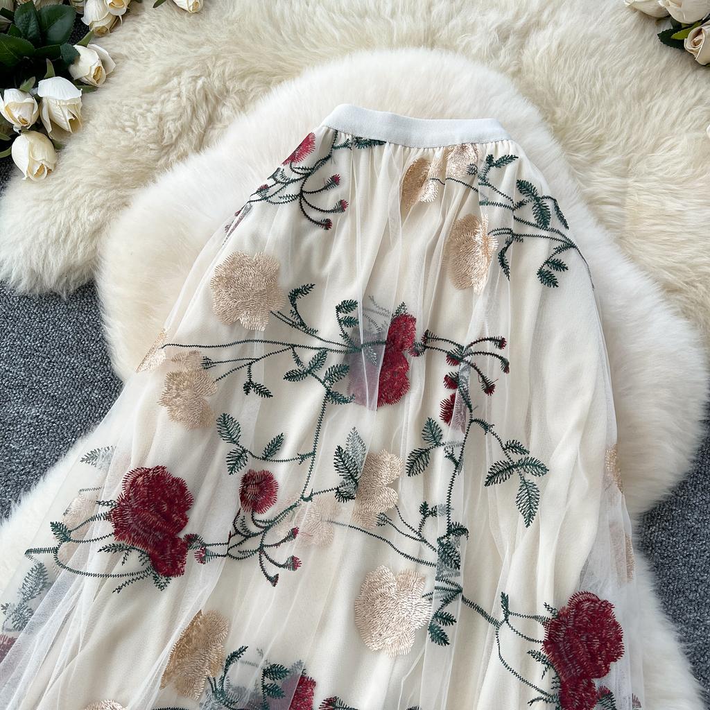 Summer Women Elegant Mesh Embroidery Flower Long Midi Tulle Skirt