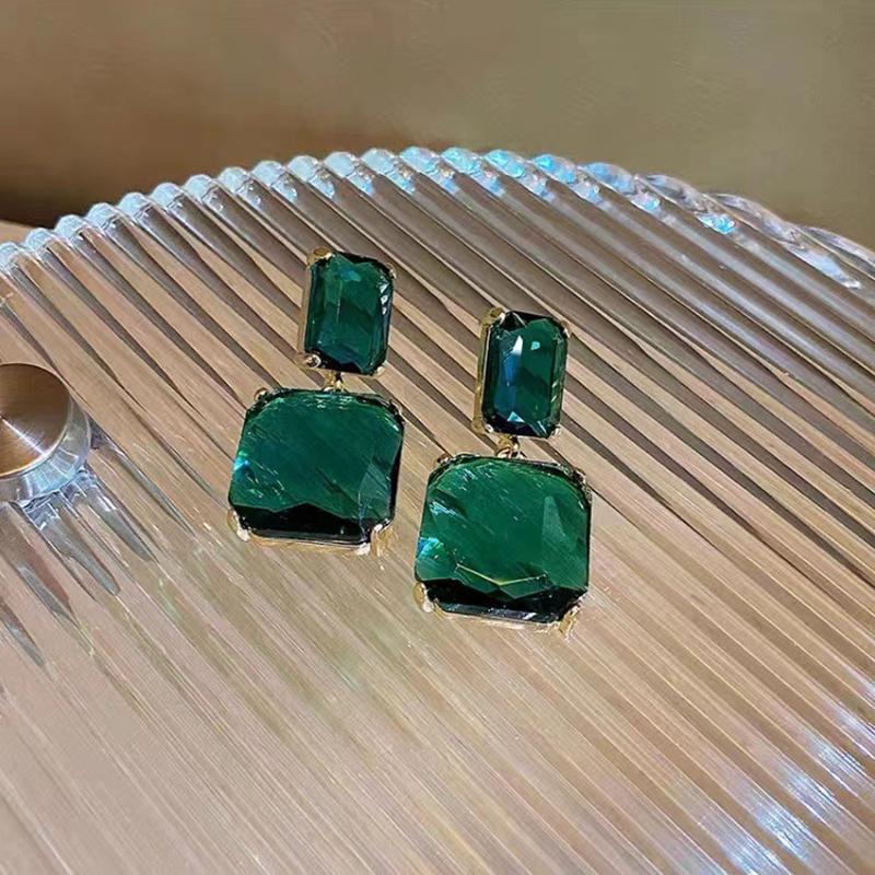 Green Earrings White Glass Rhinestone Square Big Wedding Earrings Bridal Engagement Charm Jewelry Women'S Accessories