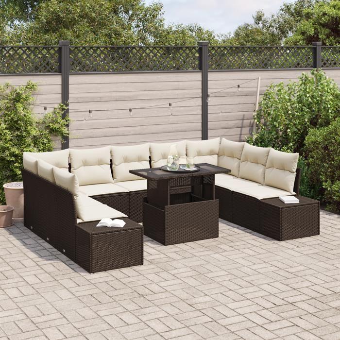 VidaXL Ensemble de canapé de jardin en 10 pièces avec coussins marron en poly rotin 3357981