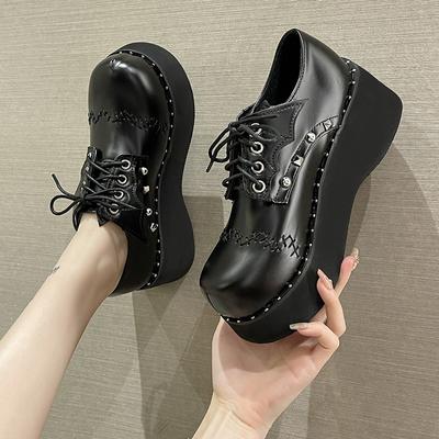 Zapatos Punk Góticos con Remaches Y2K para Niñas con Cordones Plataforma Gruesa Mary Janes Zapatos para Mujer Estilo Japonés Cuñas Zapatos de Tacón Zapatos de Cuero PU
