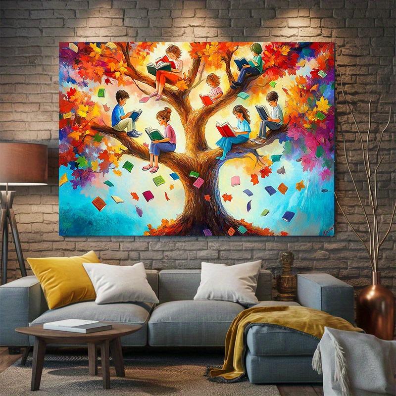 1pc Autumn Reading Tree Polyester Banner - Multi-functional room and party decoration durable and easy to hang